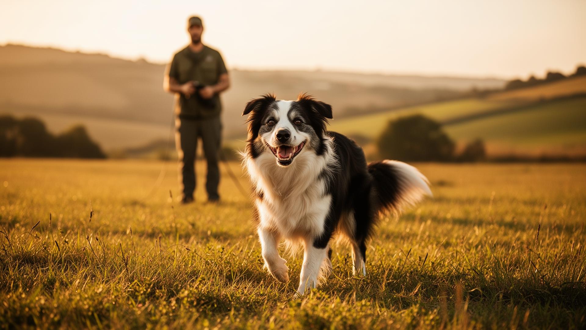 Cão a treinar num campo ao ar livre
